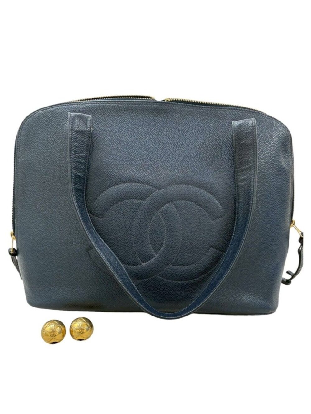 Chanel Big CC Logo Navy Gold Leather Tote Bag